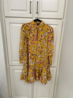G Crown Mustard Floral Long-Sleeve Ruffle-Hem Dress